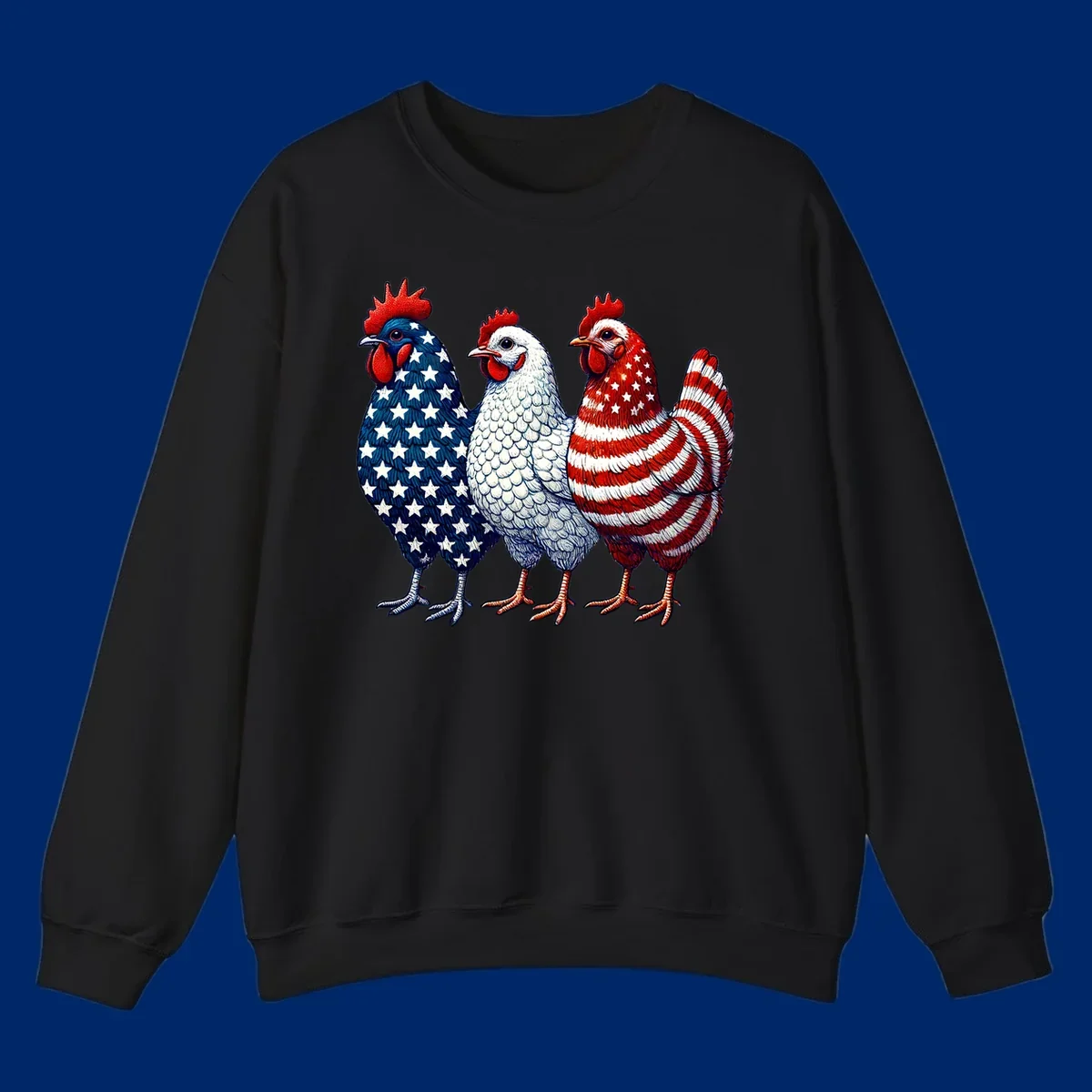 An illustration of a patriotic rooster trio, with each rooster decorated in American flag colors and patterns, including stars and stripes.