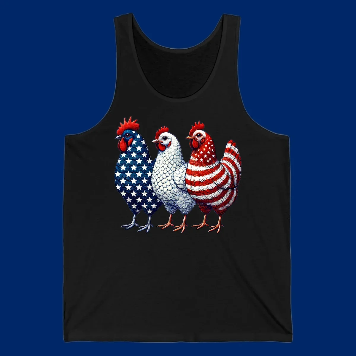 An illustration of a patriotic rooster trio, with each rooster decorated in American flag colors and patterns, including stars and stripes.