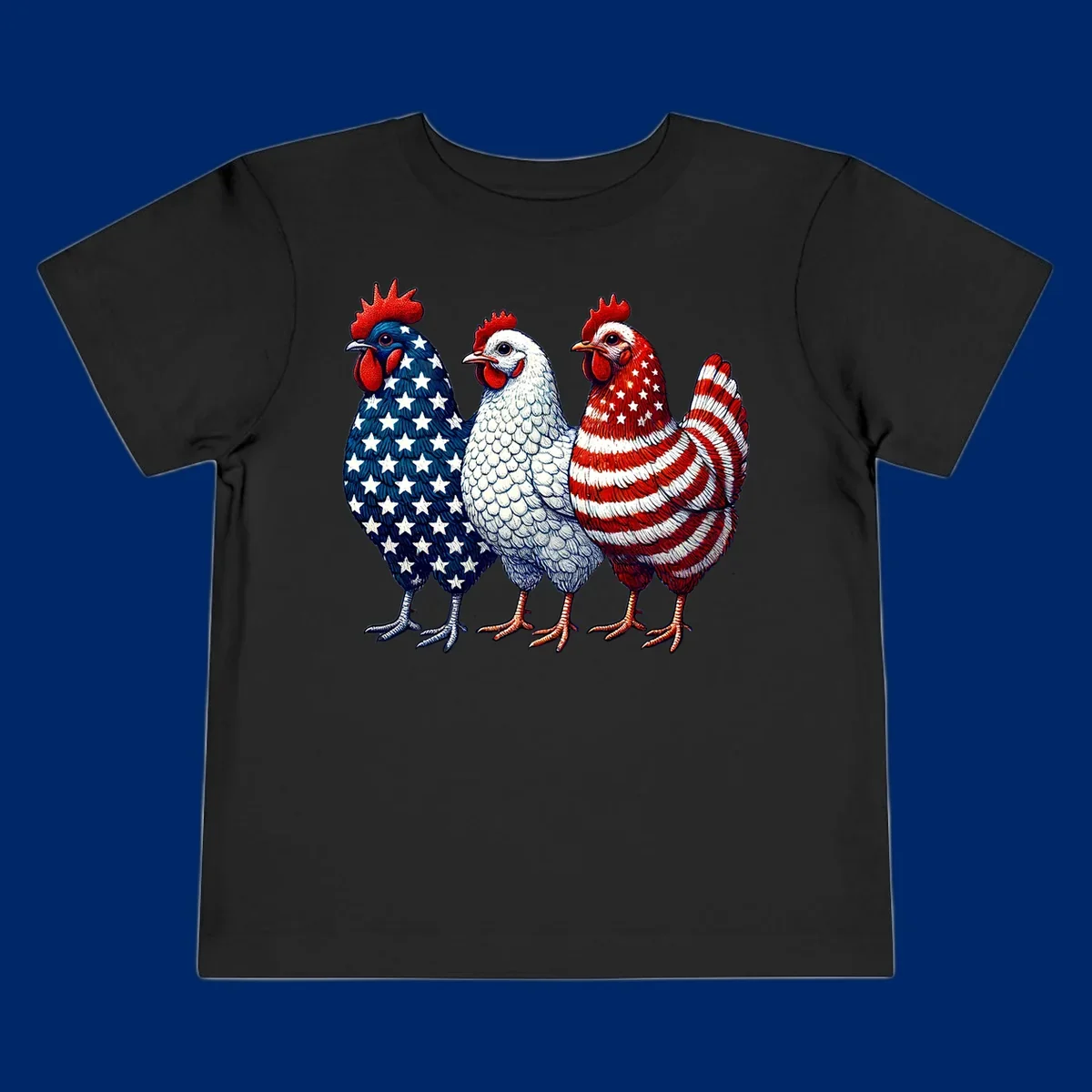 An illustration of a patriotic rooster trio, with each rooster decorated in American flag colors and patterns, including stars and stripes.