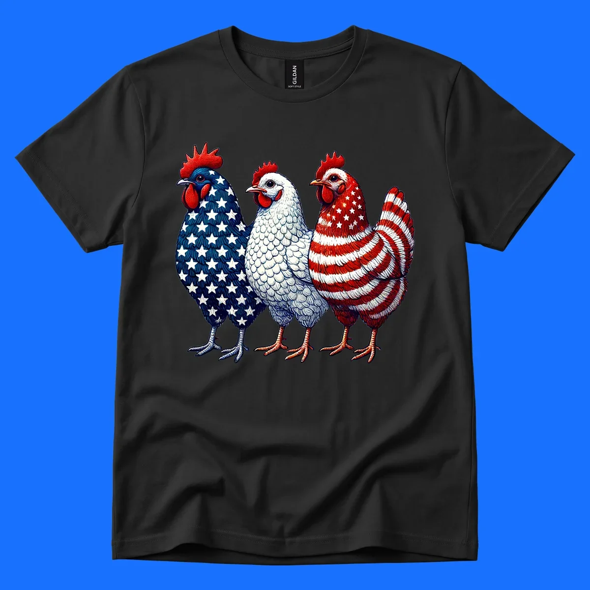 An illustration of a patriotic rooster trio, with each rooster decorated in American flag colors and patterns, including stars and stripes.