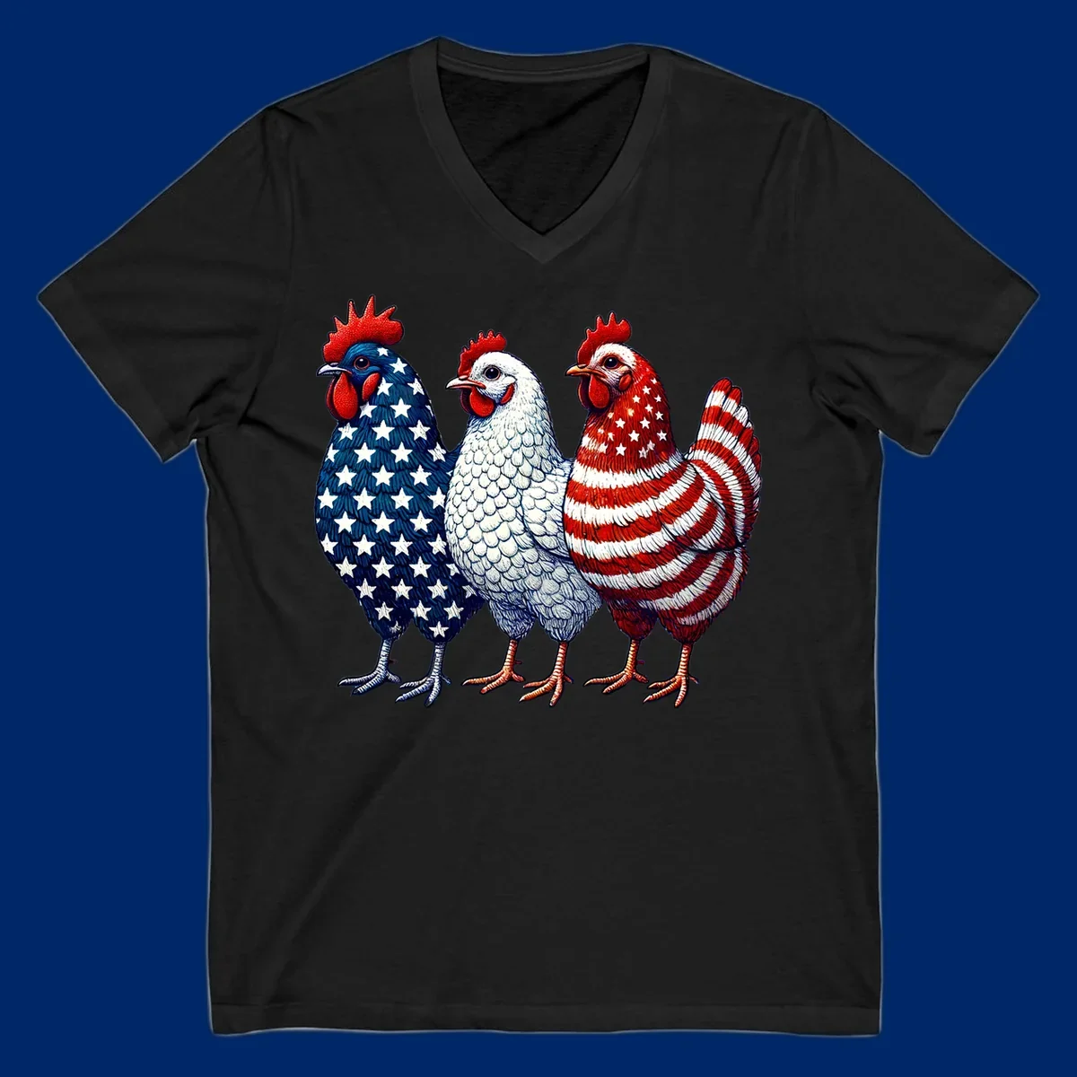 An illustration of a patriotic rooster trio, with each rooster decorated in American flag colors and patterns, including stars and stripes.