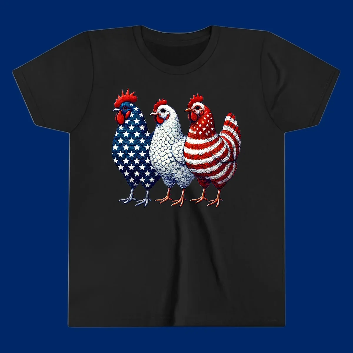 An illustration of a patriotic rooster trio, with each rooster decorated in American flag colors and patterns, including stars and stripes.