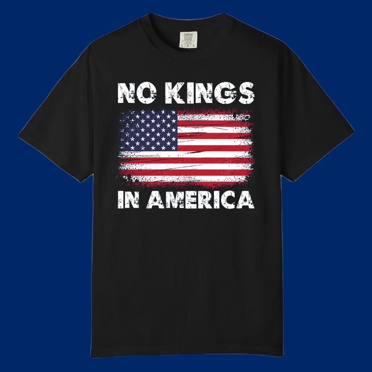 No Kings In America design featuring a distressed American flag and bold text.