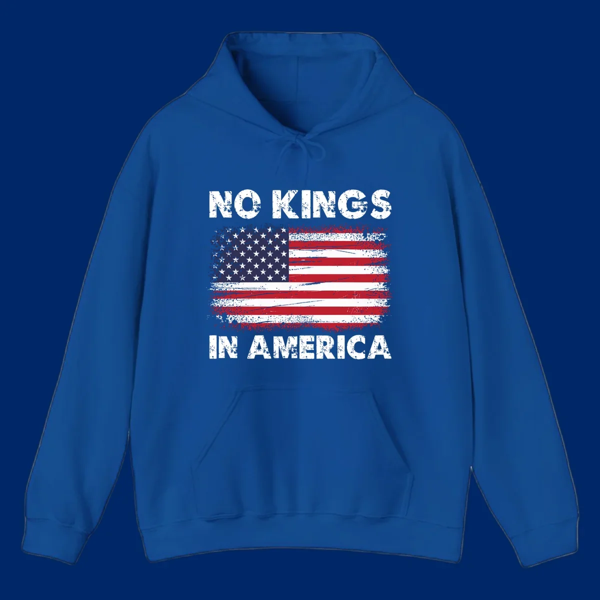 No Kings In America design featuring a distressed American flag and bold text.