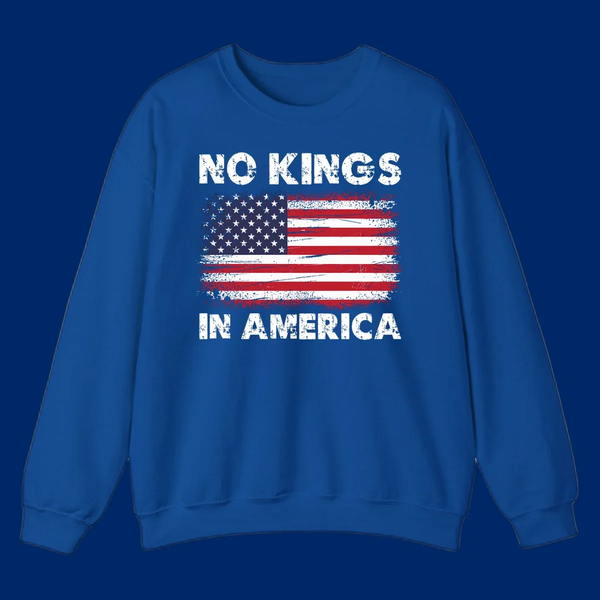 No Kings In America design featuring a distressed American flag and bold text.