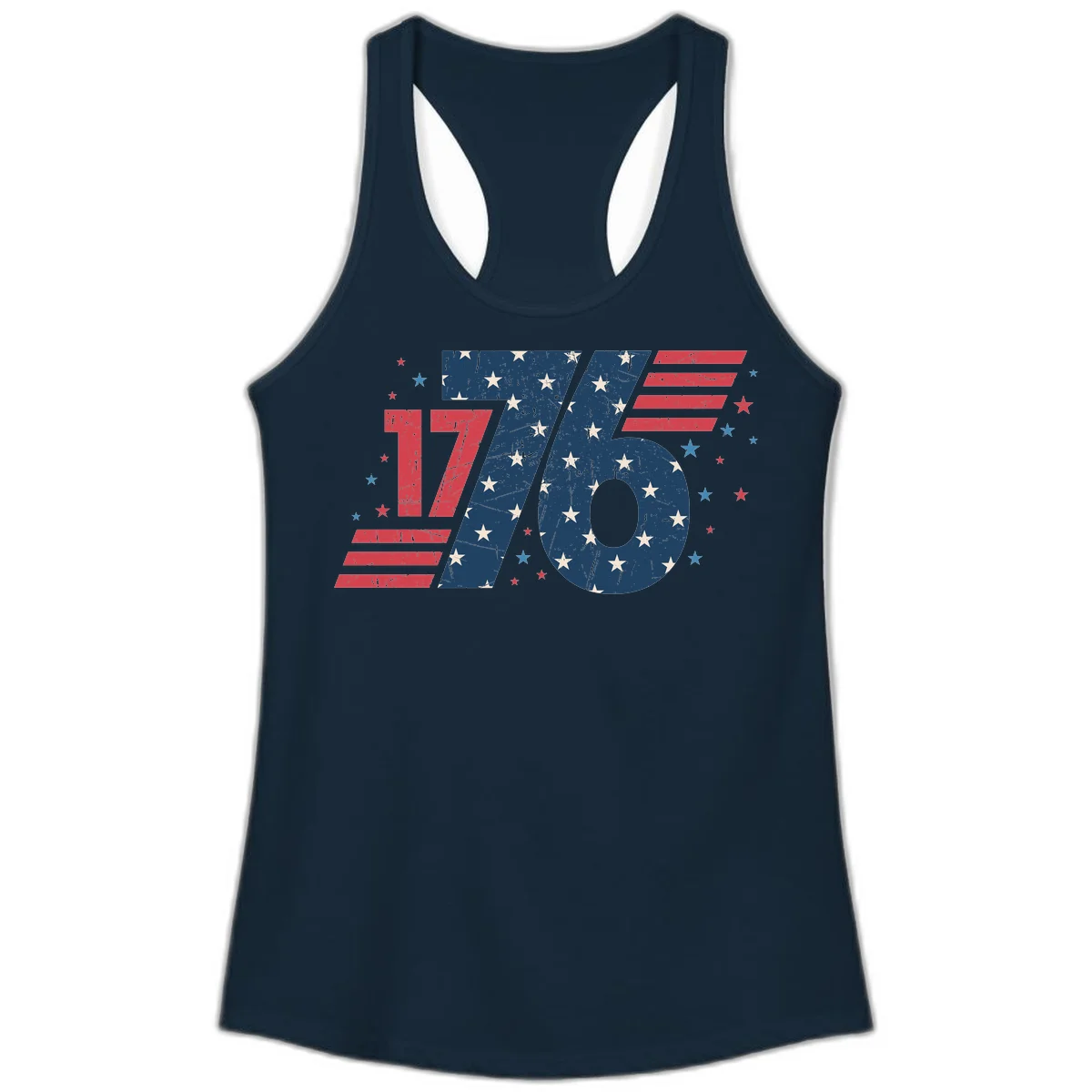 Vintage Distressed 1776 Stars And Stripes Ladies Tank in Solid Midnight Navy