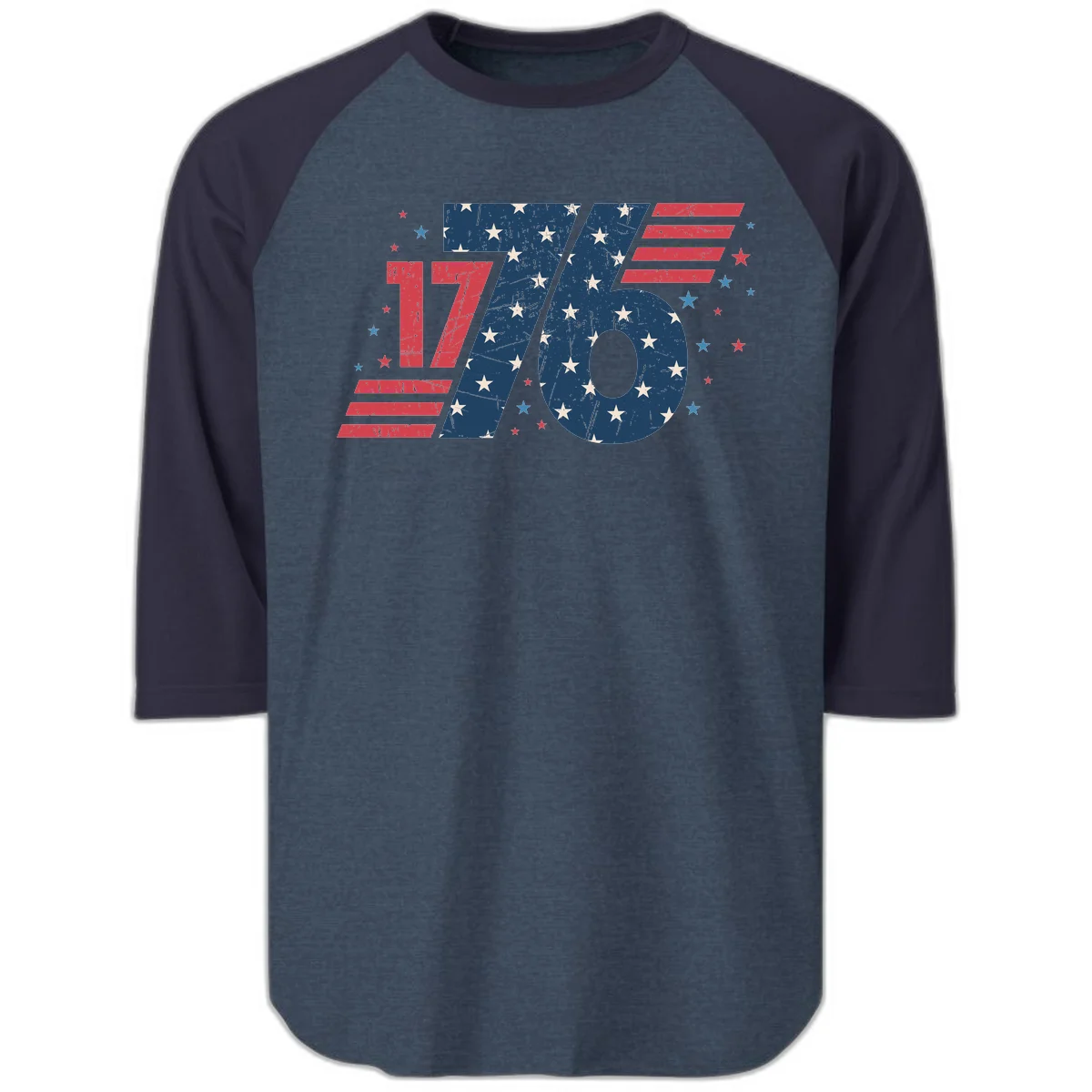 Vintage Distressed 1776 Stars And Stripes Raglan 3/4 in Heather Denim Navy