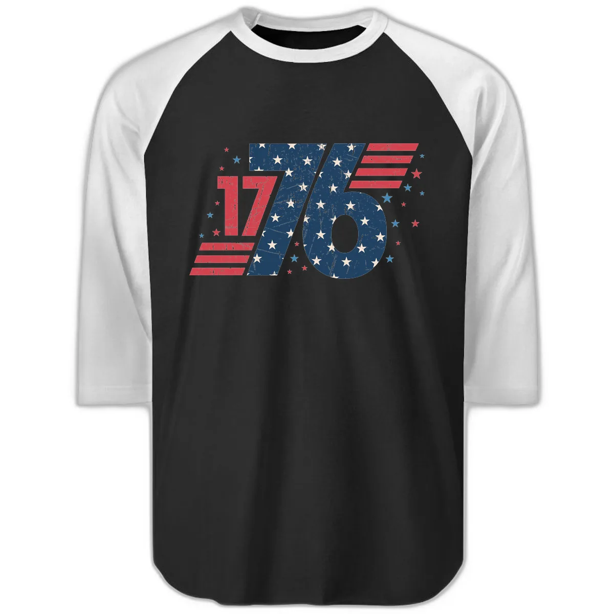 Vintage Distressed 1776 Stars And Stripes Raglan 3/4 in Black White