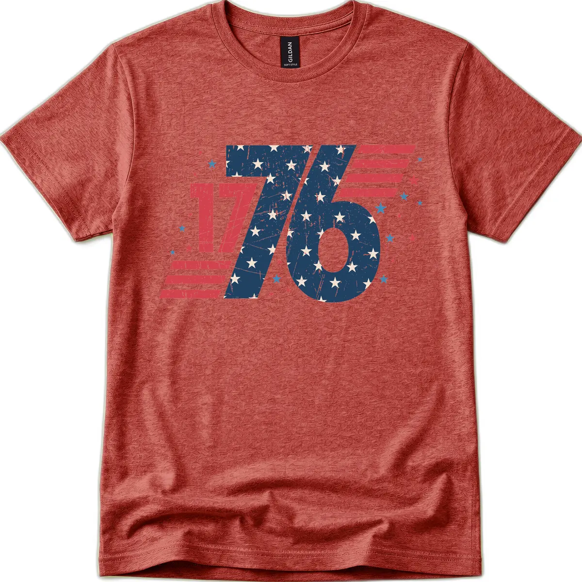 Vintage Distressed 1776 Stars And Stripes T-Shirt in Heather Cardinal