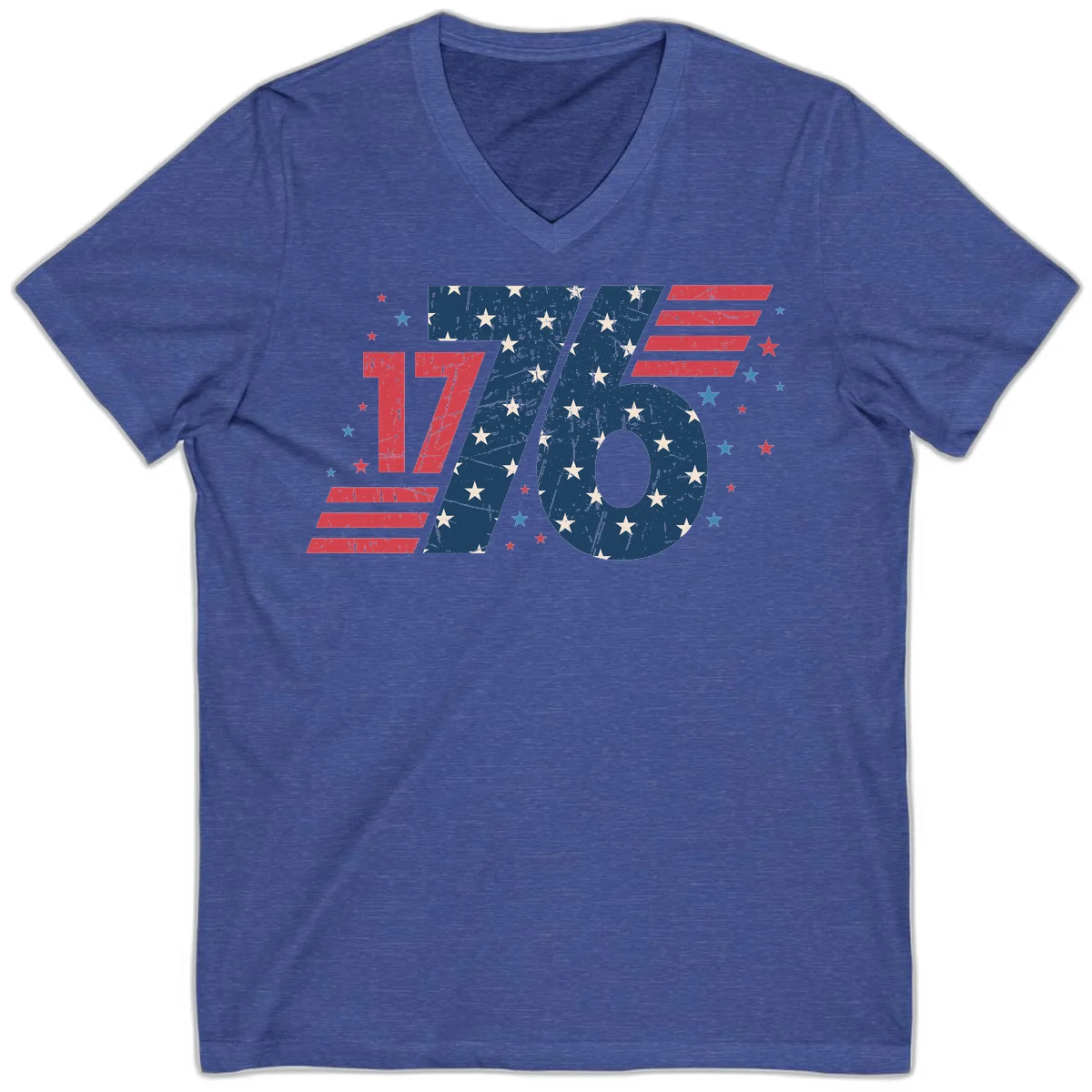 Vintage Distressed 1776 Stars And Stripes V-Neck in Heather True Royal