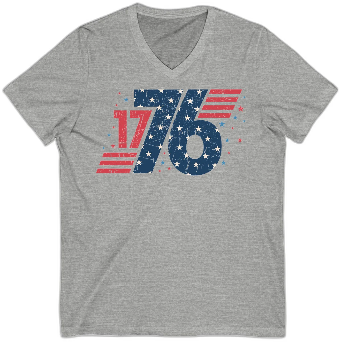 Vintage Distressed 1776 Stars And Stripes V-Neck in Athletic Heather