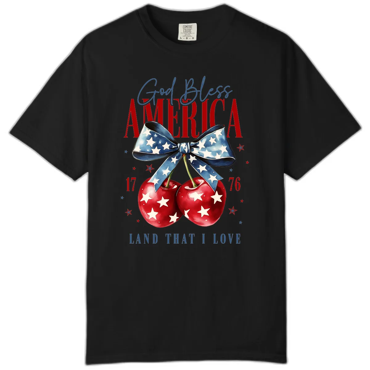 God Bless America Cherries 1776 Patriotic Design Comfort Color in Black