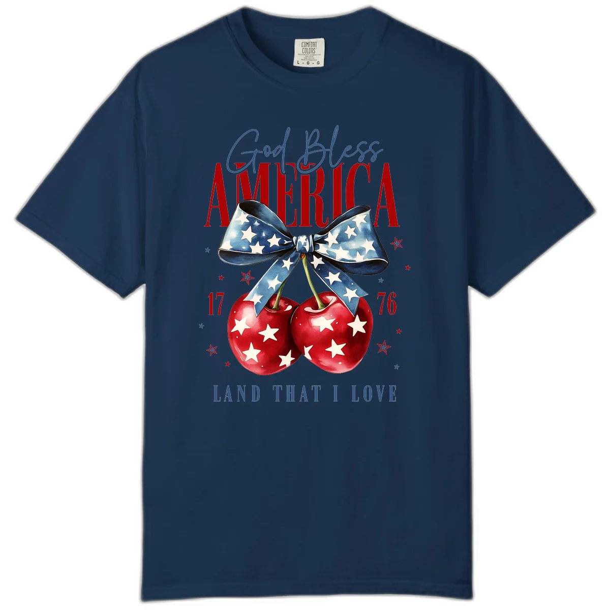 God Bless America Cherries 1776 Comfort Color in Navy