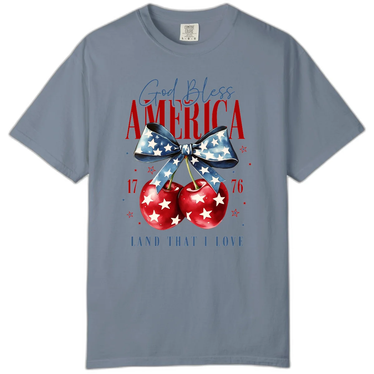 God Bless America Cherries 1776 Comfort Color in Blue Jean