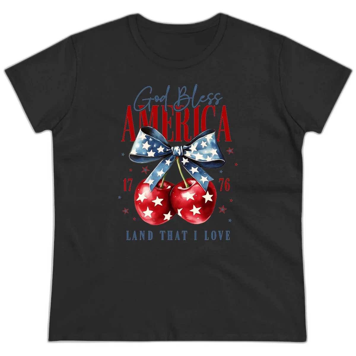 God Bless America Cherries 1776 Ladies Tee in Black