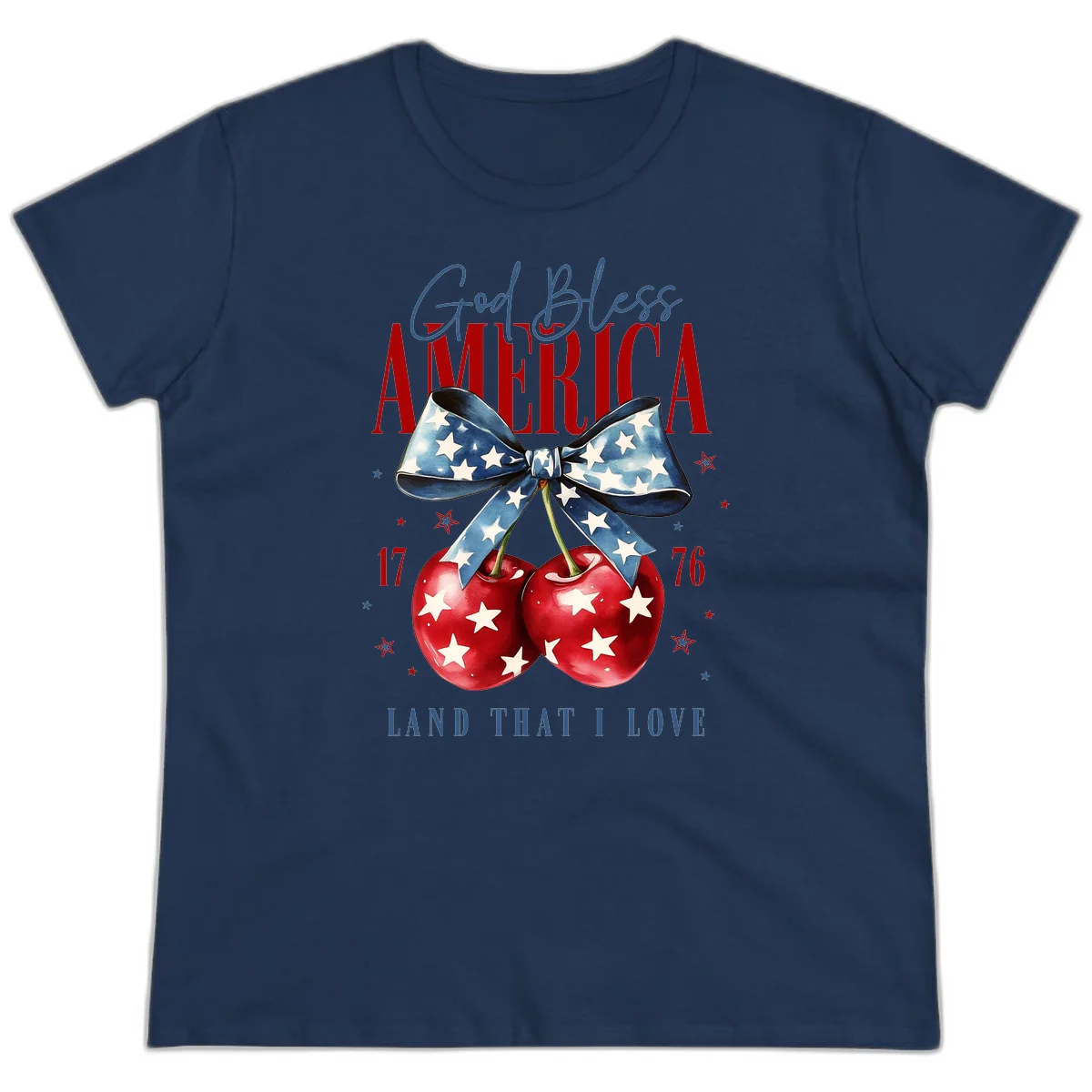 God Bless America Cherries 1776 Ladies Tee in Navy