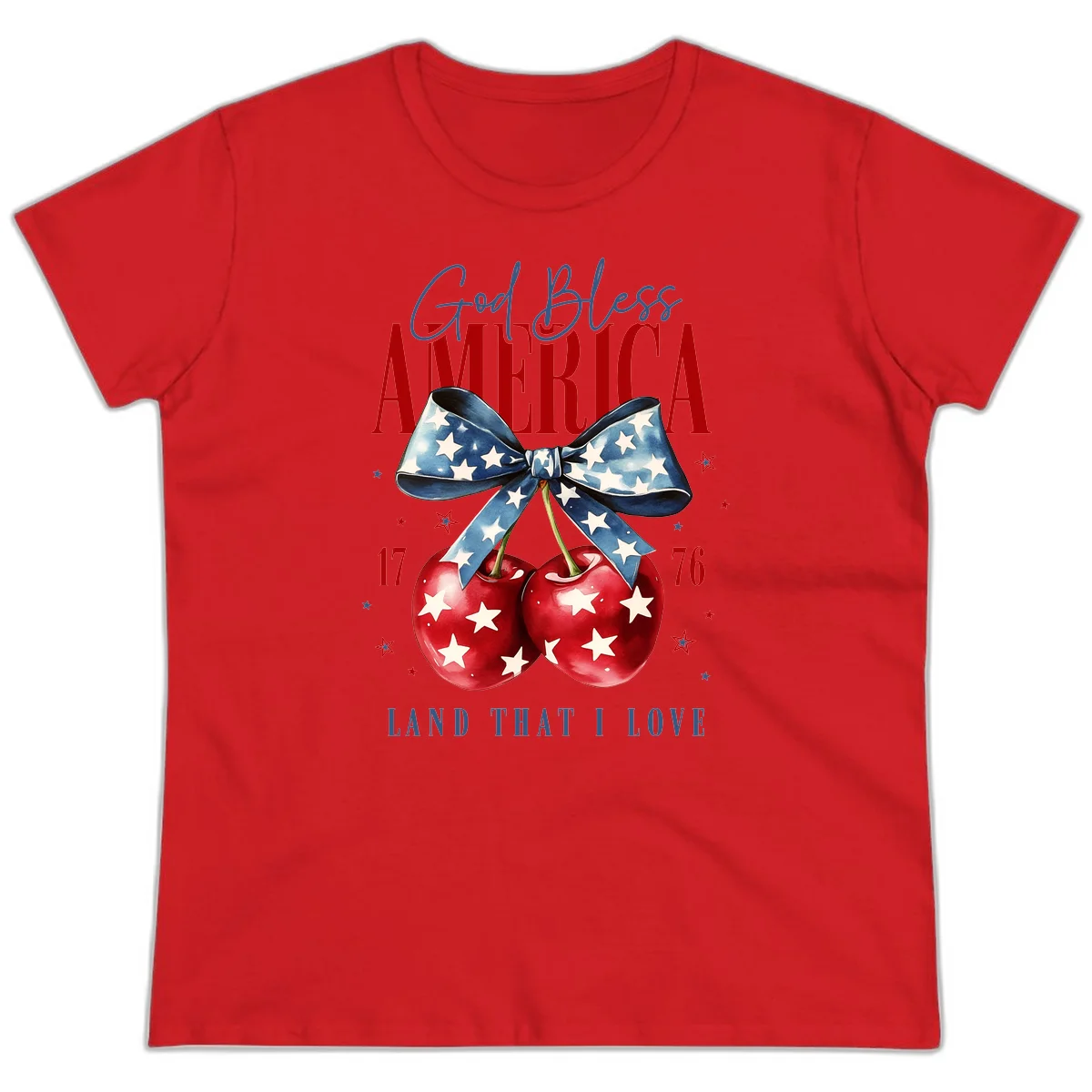 God Bless America Cherries 1776 Ladies Tee in Red