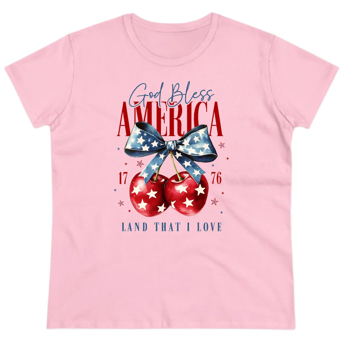 God Bless America Cherries 1776 Ladies Tee in Light Pink
