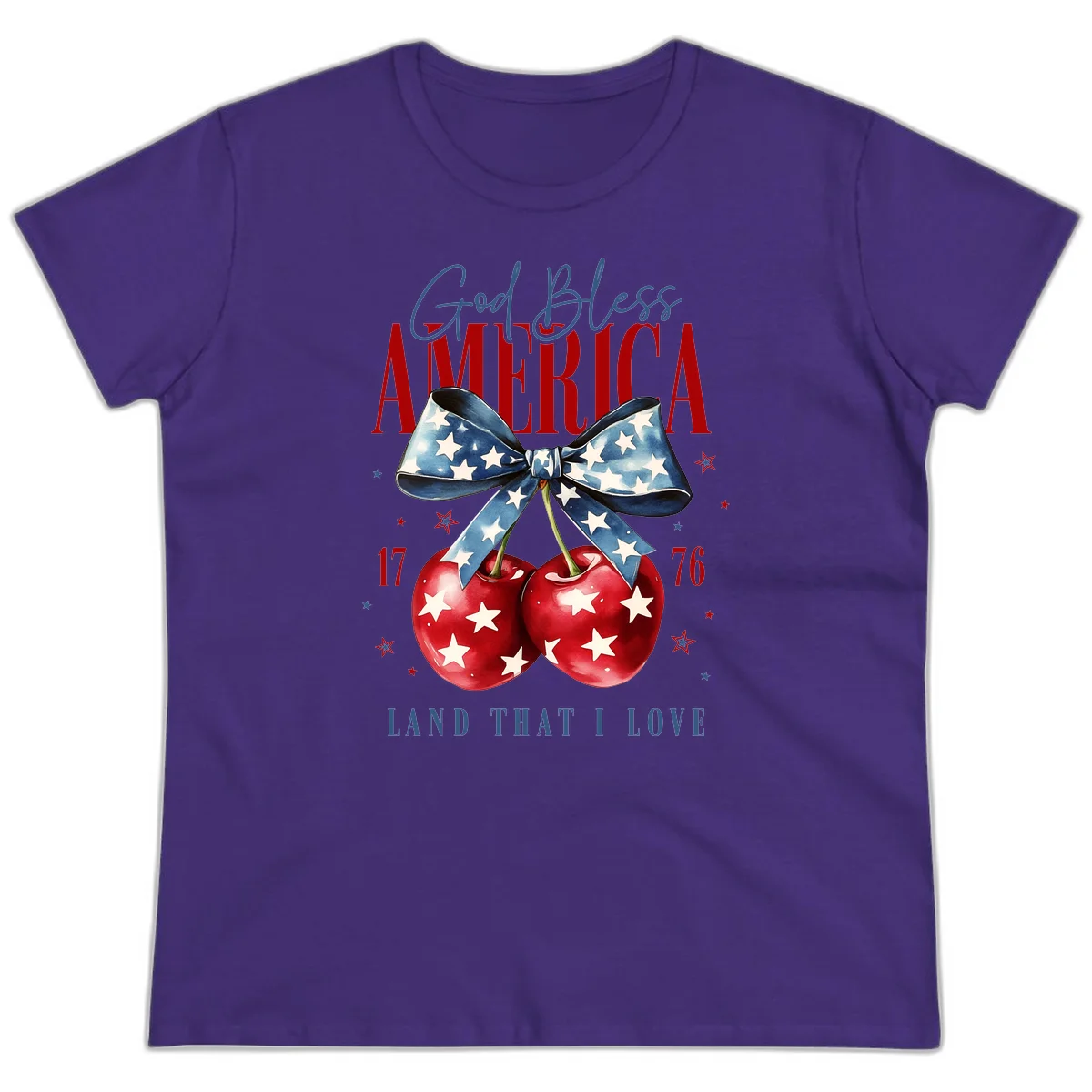 God Bless America Cherries 1776 Ladies Tee in Purple