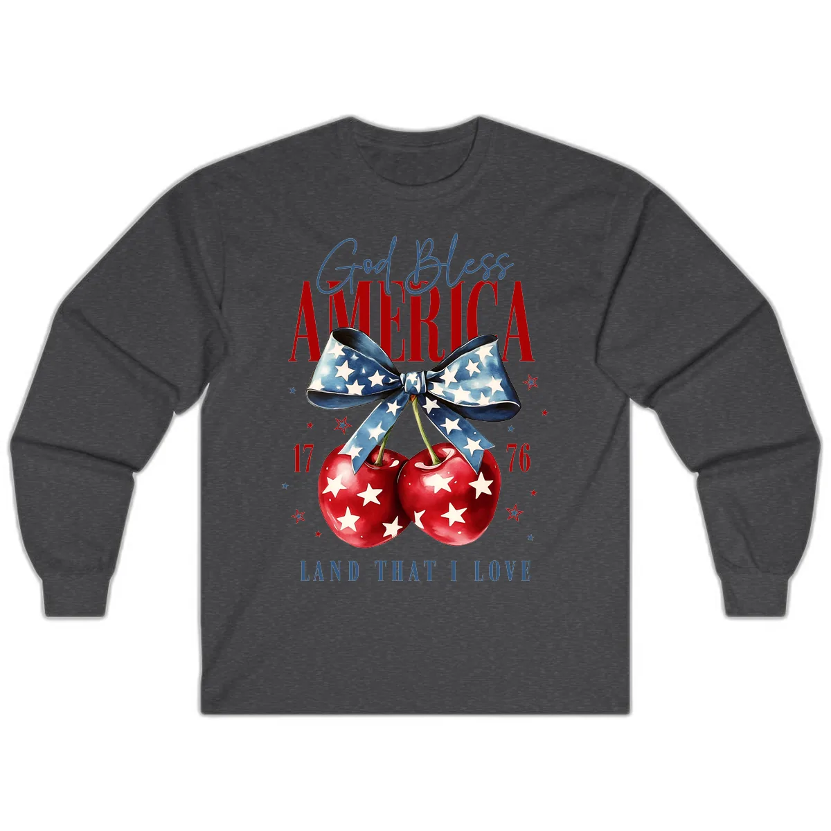 God Bless America Cherries 1776 Patriotic Design Long Sleeve in Dark Heather