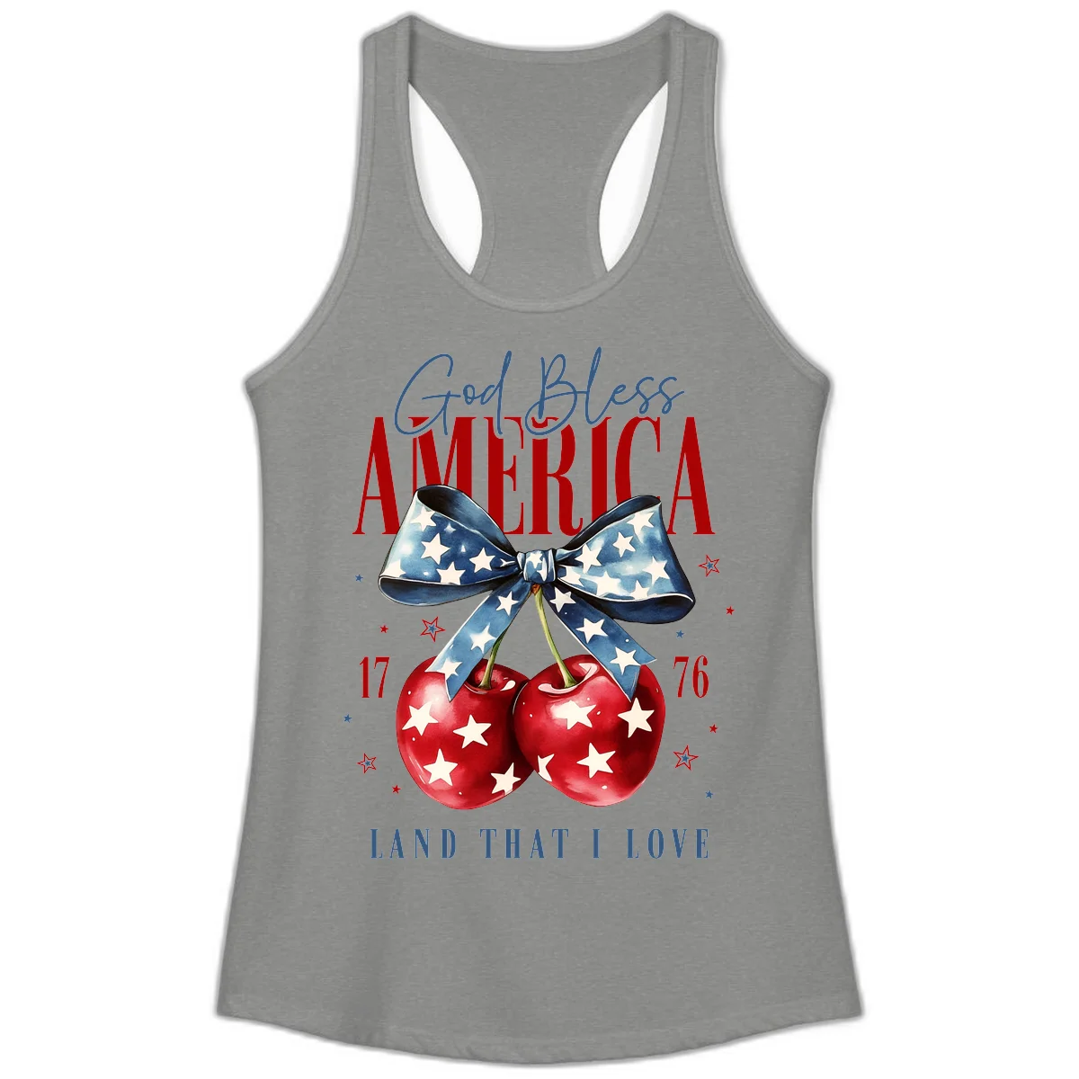 God Bless America Cherries 1776 Ladies Tank in Heather Grey