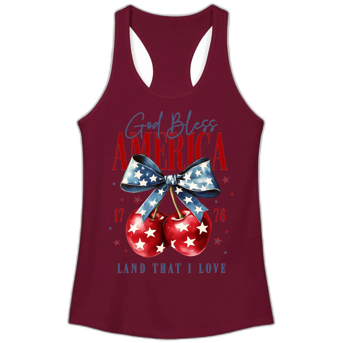 God Bless America Cherries 1776 Patriotic Design Ladies Tank in Solid Cardinal Red