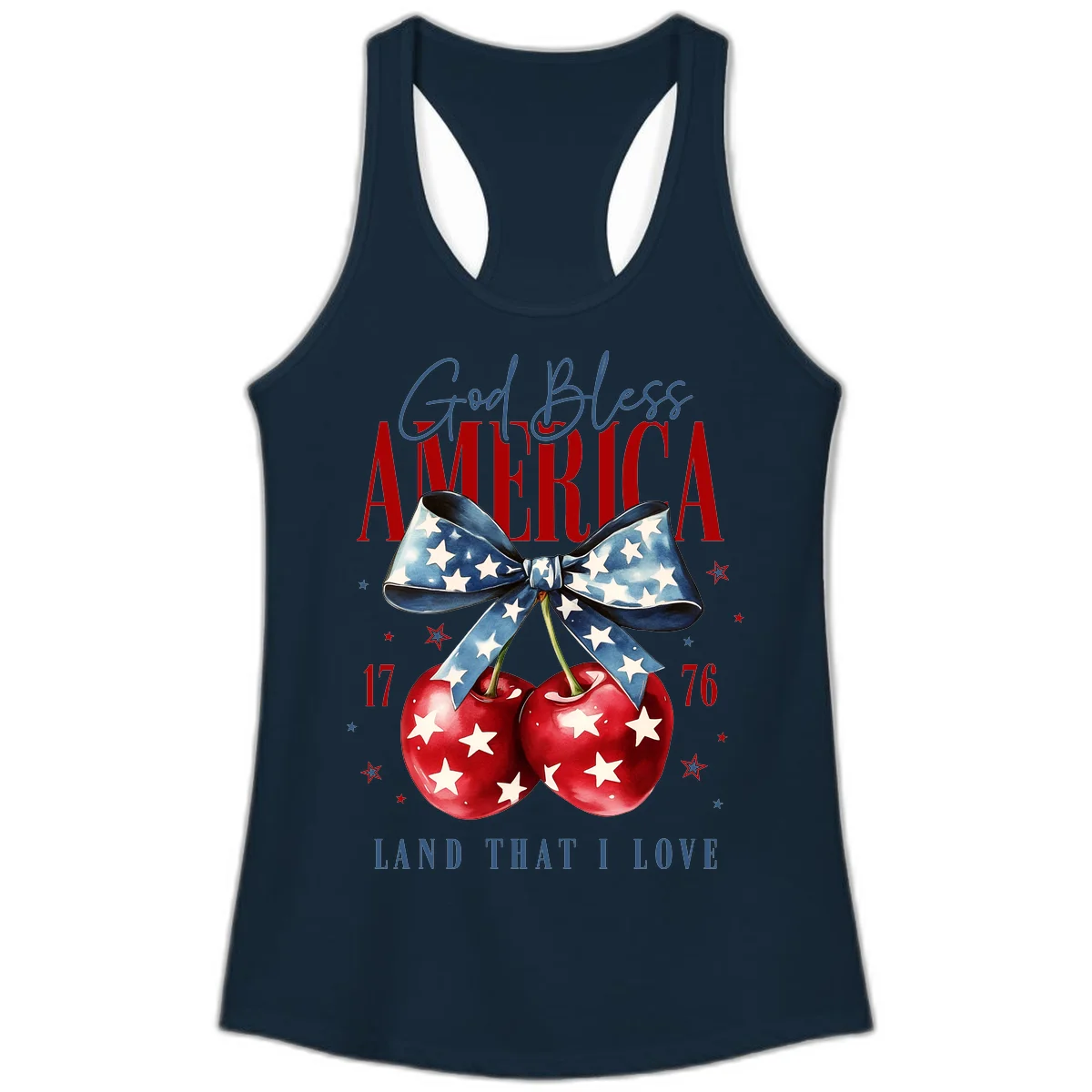 God Bless America Cherries 1776 Ladies Tank in Solid Midnight Navy