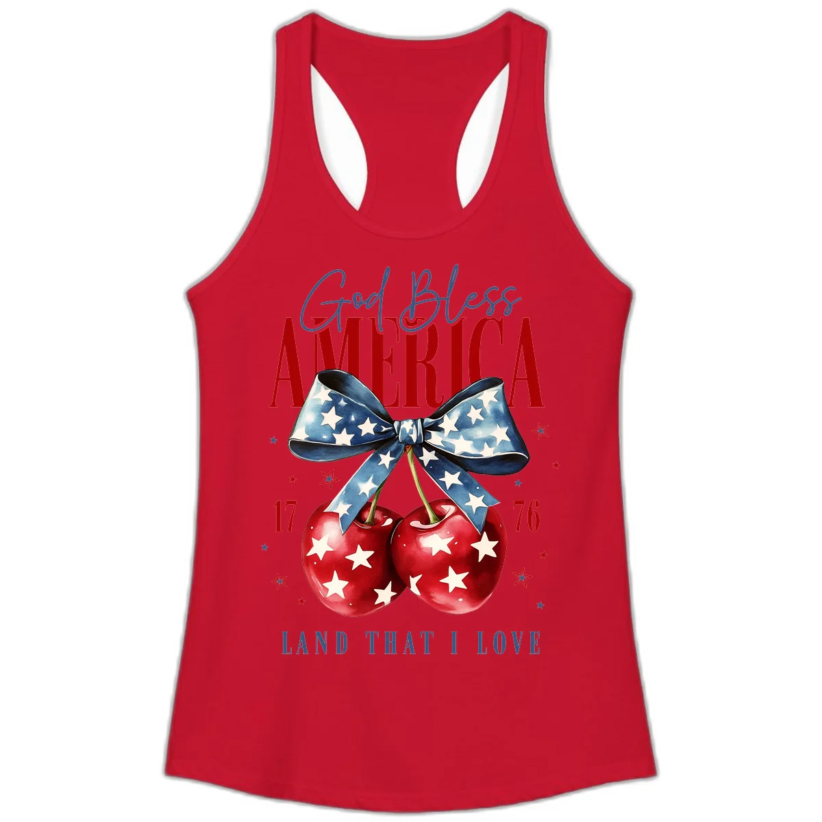 God Bless America Cherries 1776 Ladies Tank in Solid Red