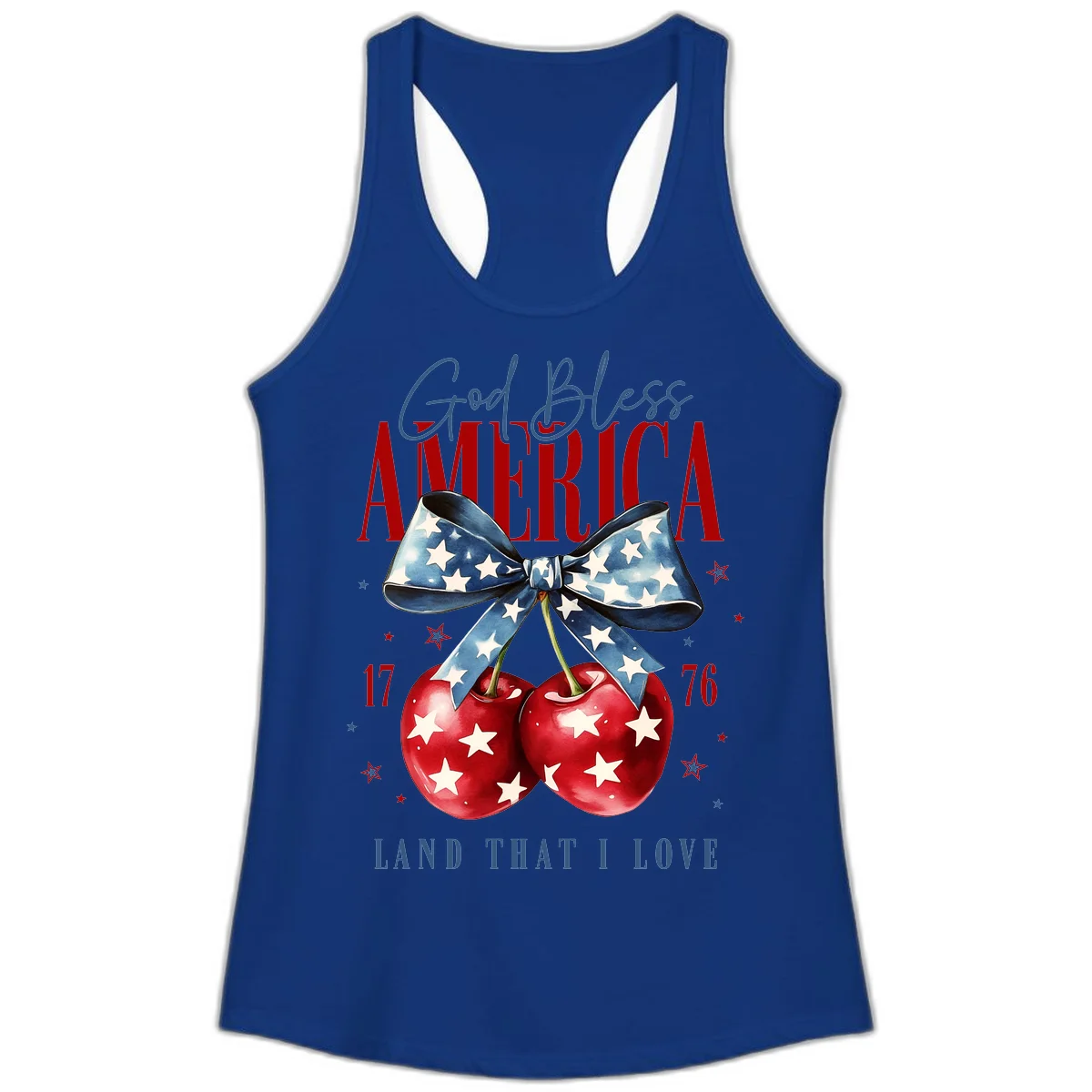 God Bless America Cherries 1776 Ladies Tank in Solid Royal