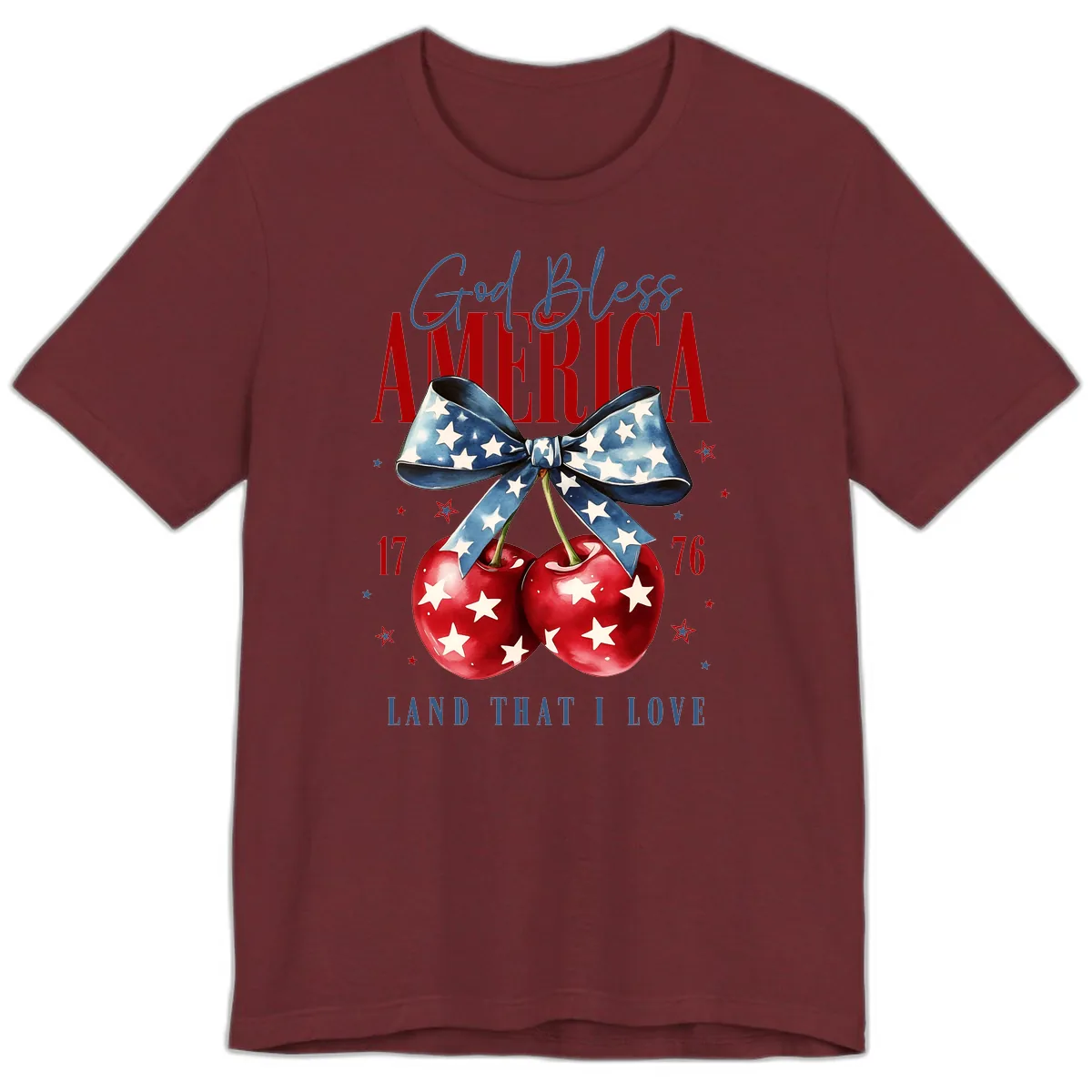 God Bless America Cherries 1776 Patriotic Design Premium T-Shirt in Heather Cardinal
