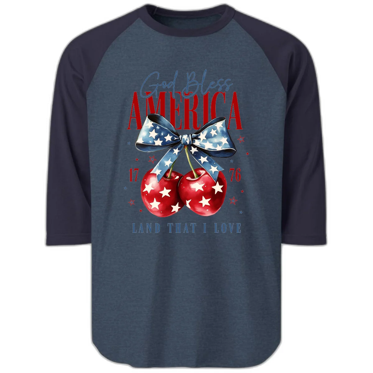 God Bless America Cherries 1776 Raglan 3/4 in Heather Denim Navy