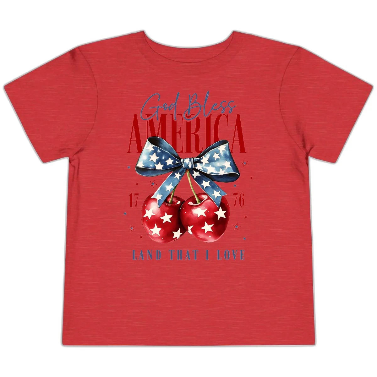 God Bless America Cherries 1776 Patriotic Design Toddler T-Shirt in Heather Red