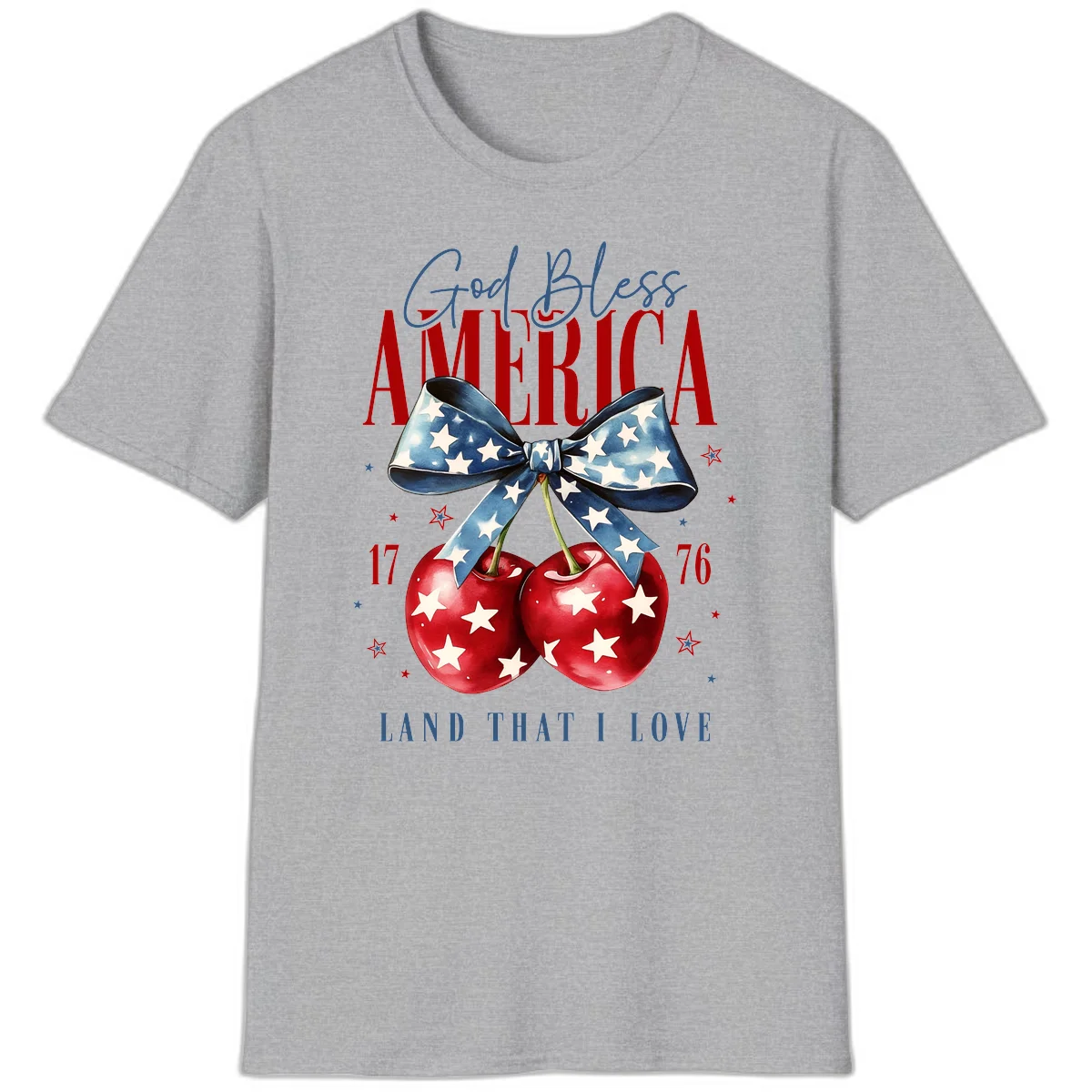 God Bless America Cherries 1776 T-Shirt in Sport Grey