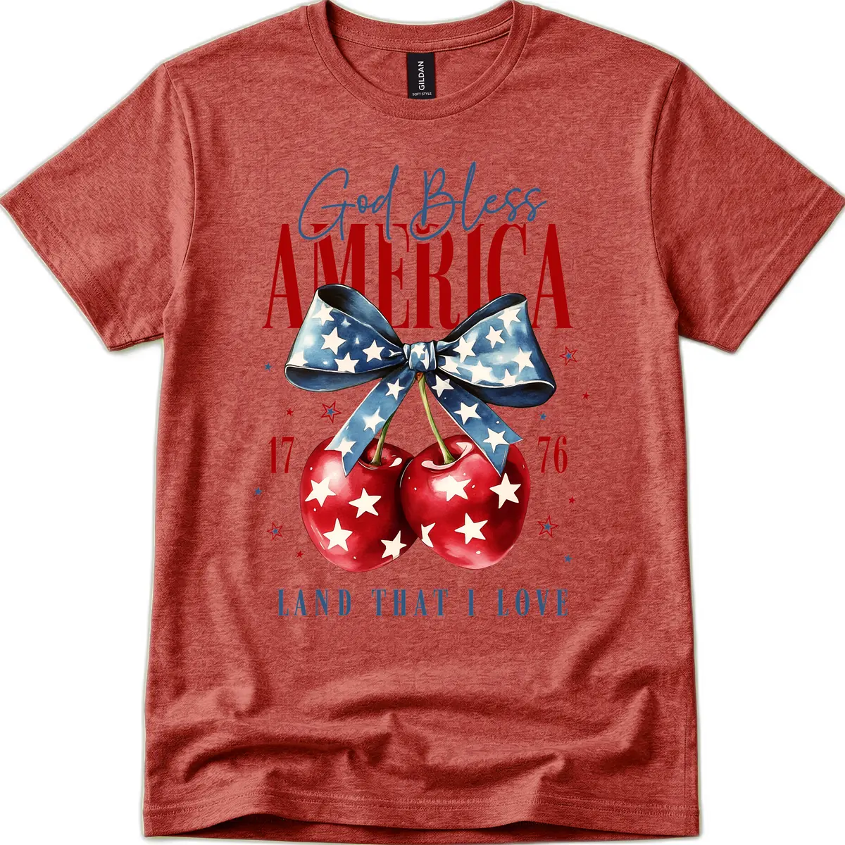 God Bless America Cherries 1776 Patriotic Design T-Shirt in Heather Cardinal