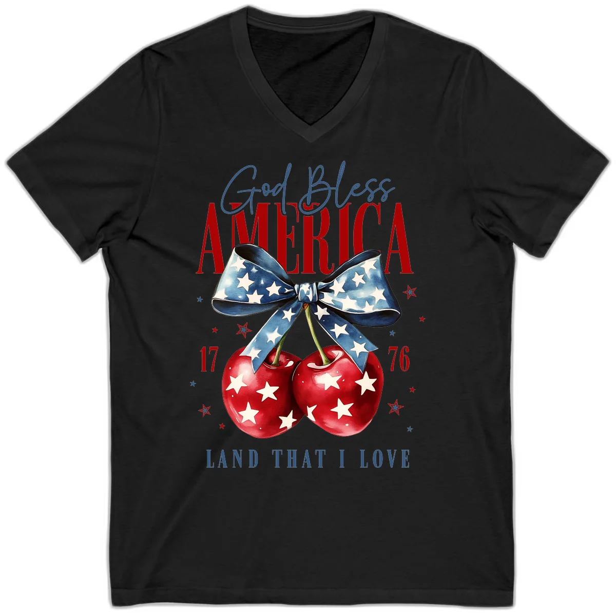 God Bless America Cherries 1776 V-Neck in Black