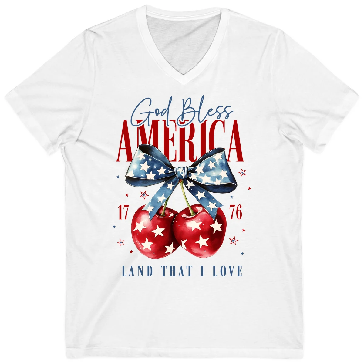 God Bless America Cherries 1776 V-Neck in White