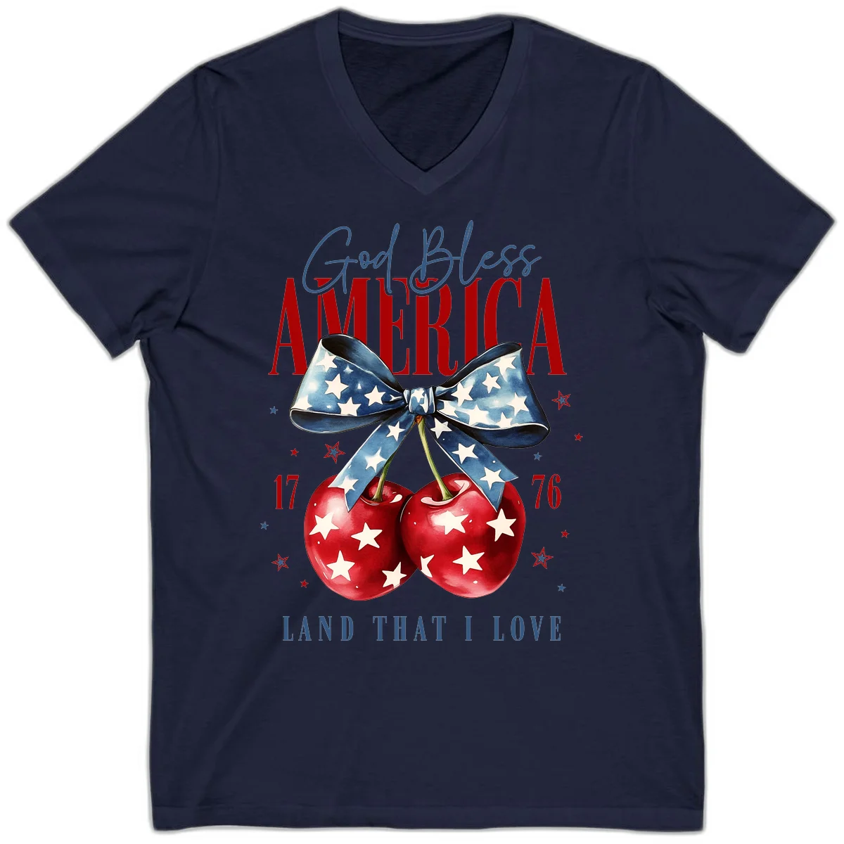 God Bless America Cherries 1776 V-Neck in Navy