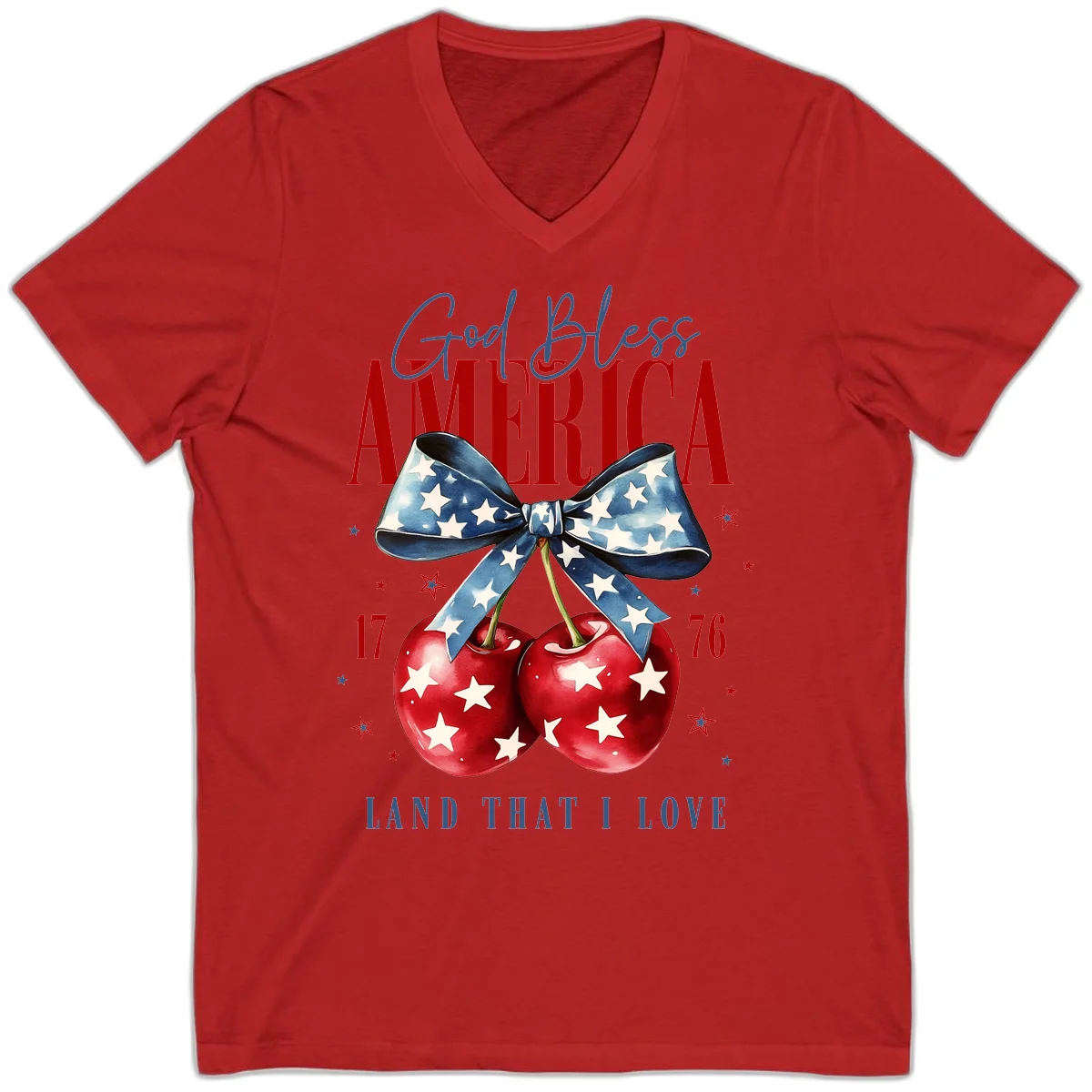 God Bless America Cherries 1776 V-Neck in Red