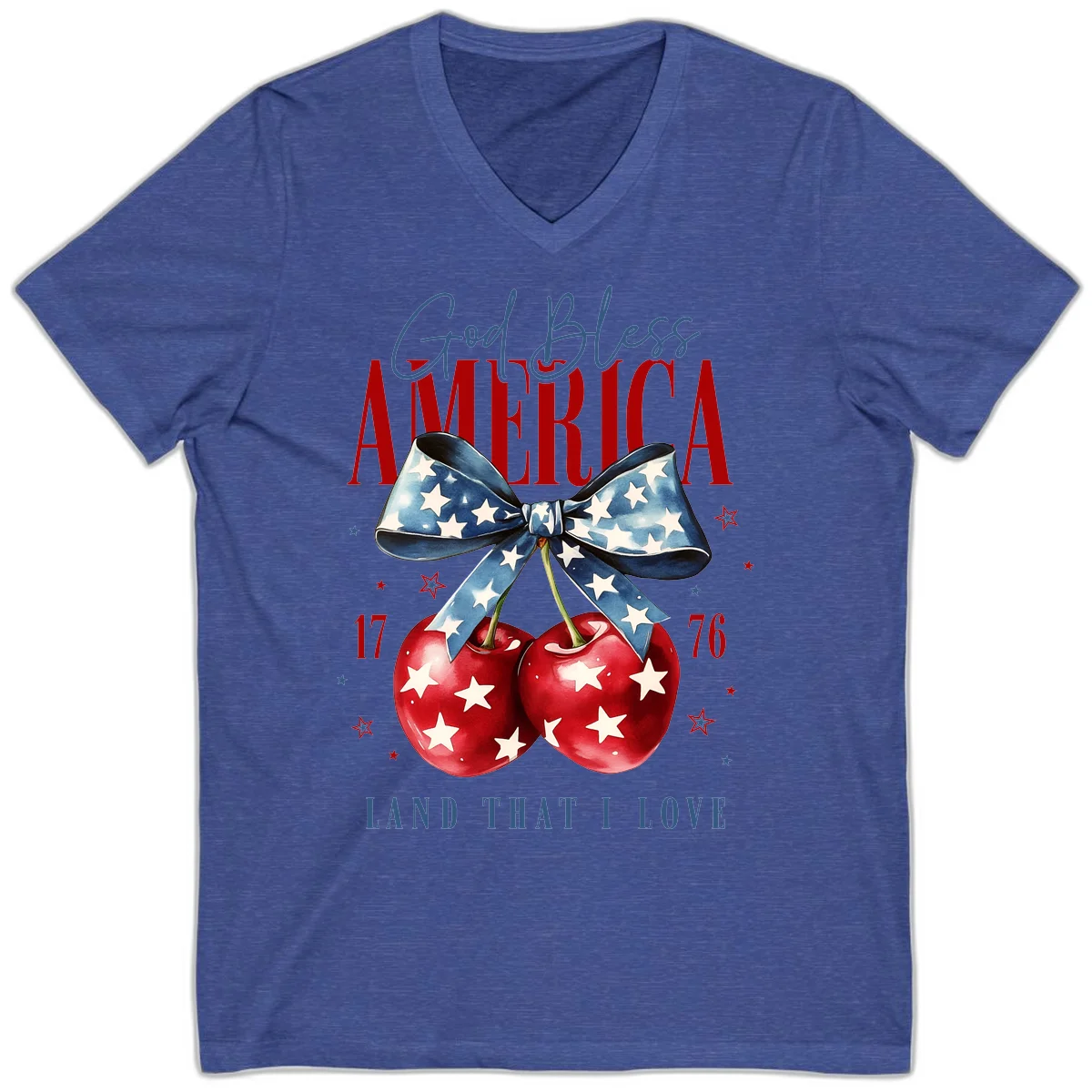 God Bless America Cherries 1776 V-Neck in Heather True Royal