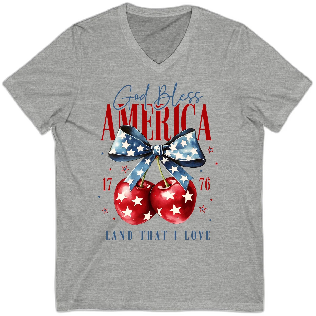 God Bless America Cherries 1776 V-Neck in Athletic Heather