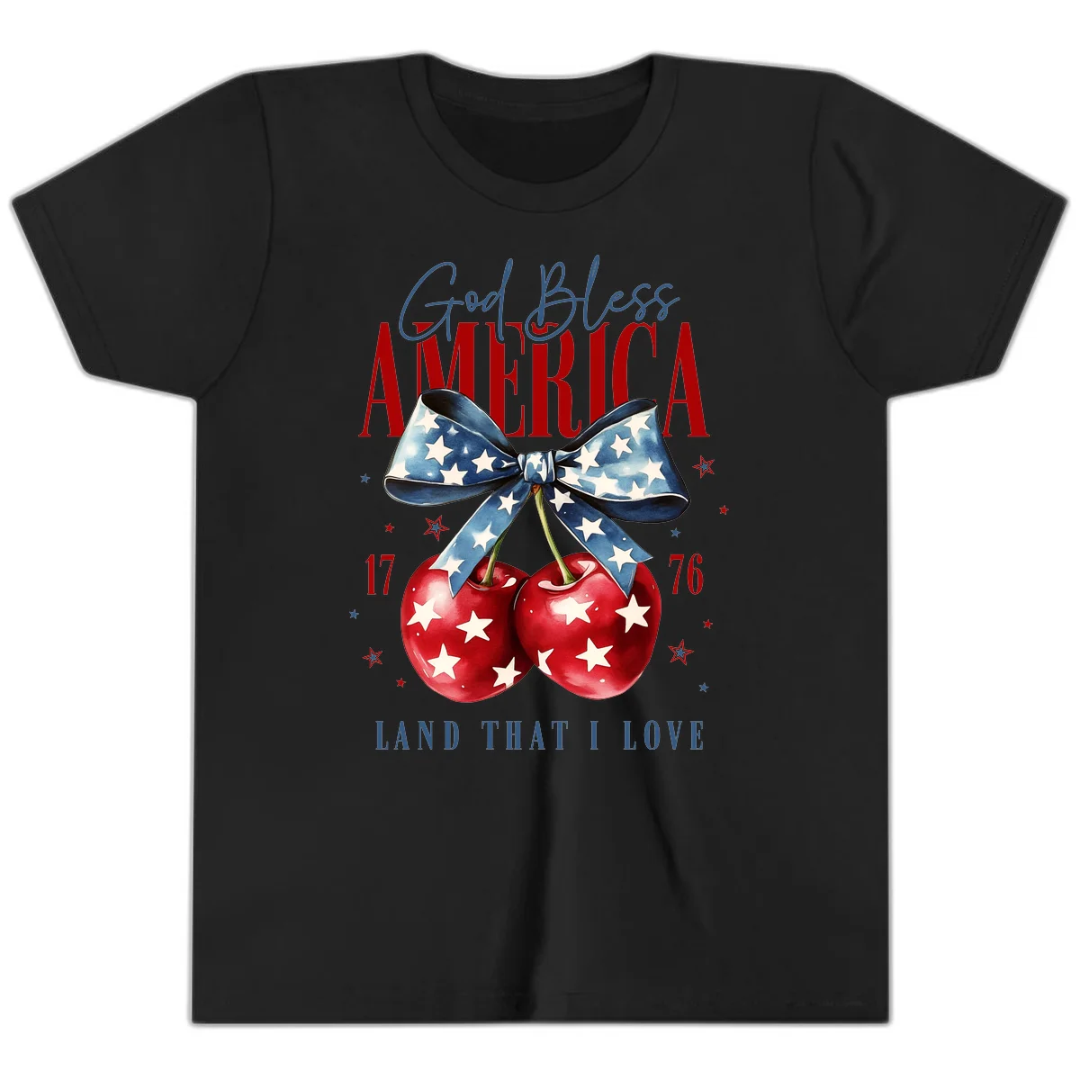 God Bless America Cherries 1776 Youth T-Shirt in Black
