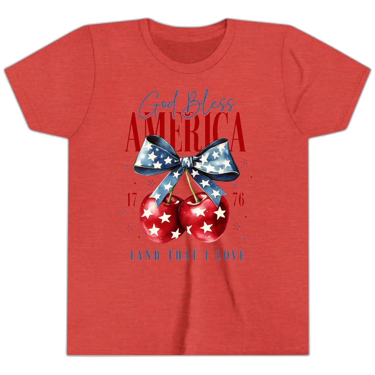 God Bless America Cherries 1776 Patriotic Design Youth T-Shirt in Heather Red