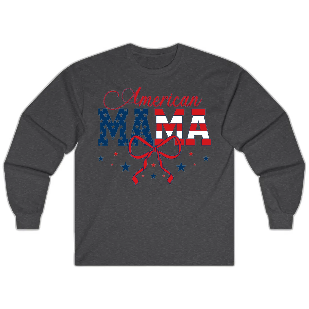 American Mama Patriotic Stars Stripes Design Long Sleeve in Dark Heather