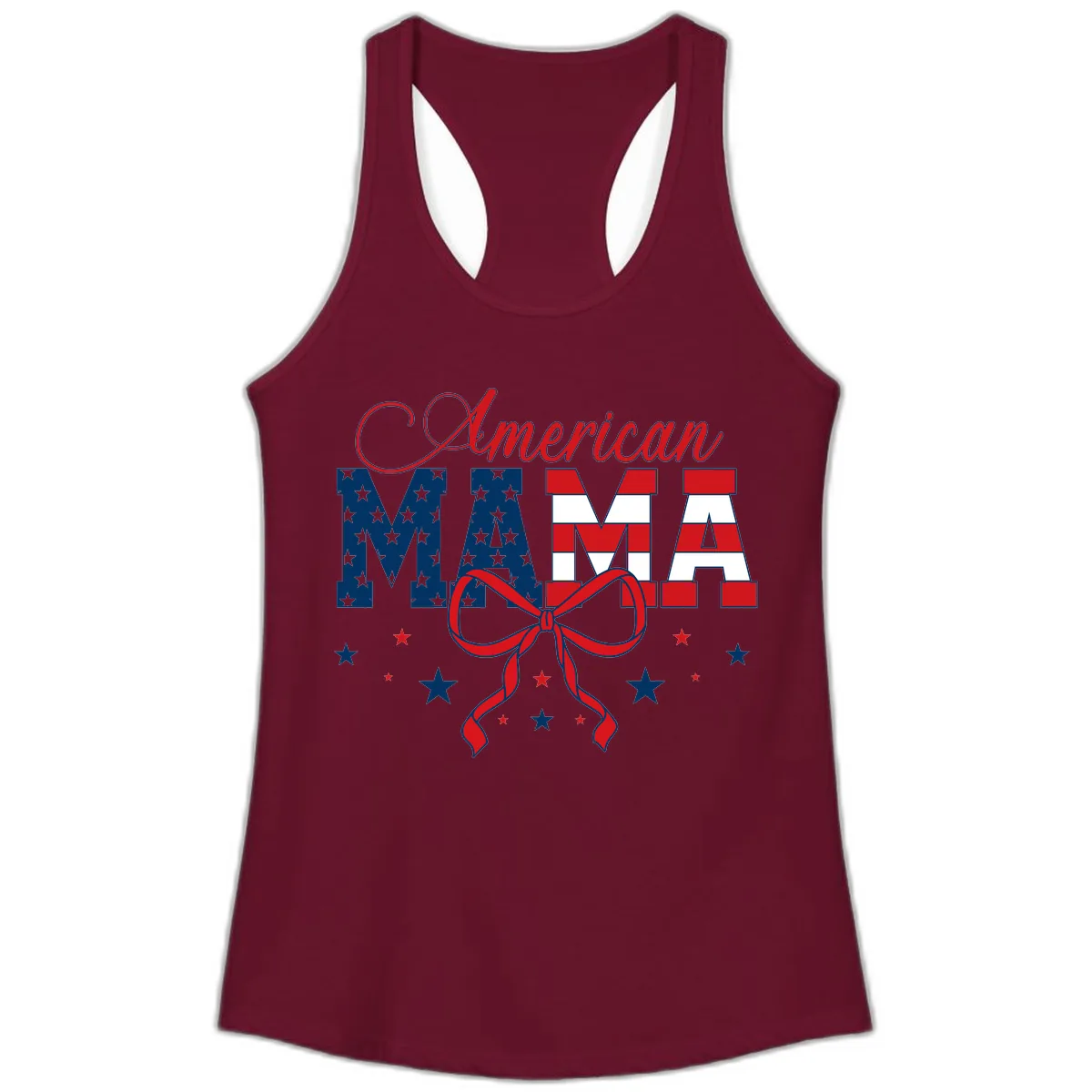 American Mama Patriotic Stars Stripes Design Ladies Tank in Solid Cardinal Red