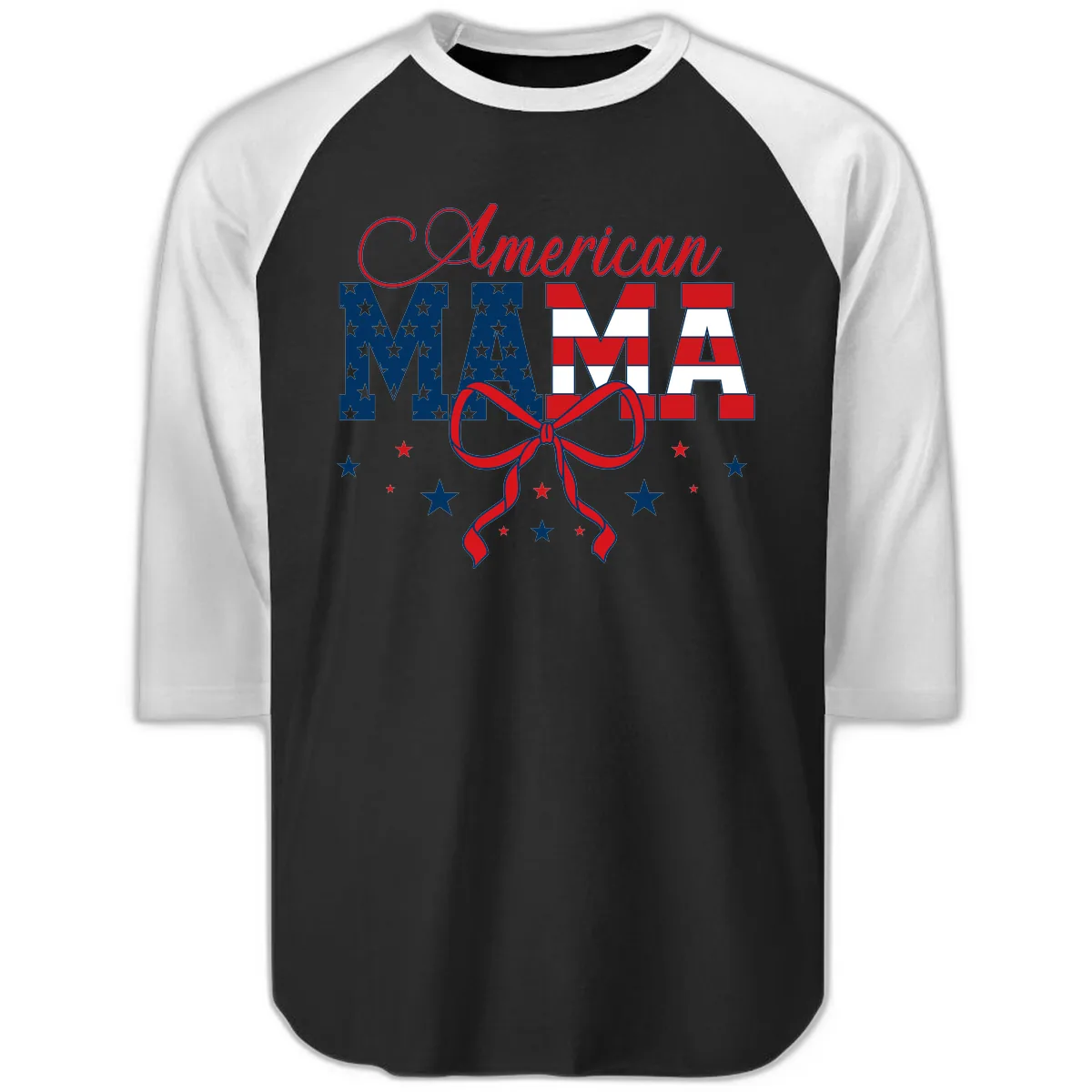 American Mama Patriotic Stars Stripes Design Raglan 3/4 in Black White