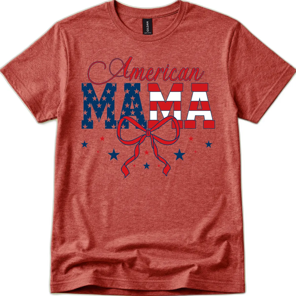American Mama Patriotic Stars Stripes Design T-Shirt in Heather Cardinal