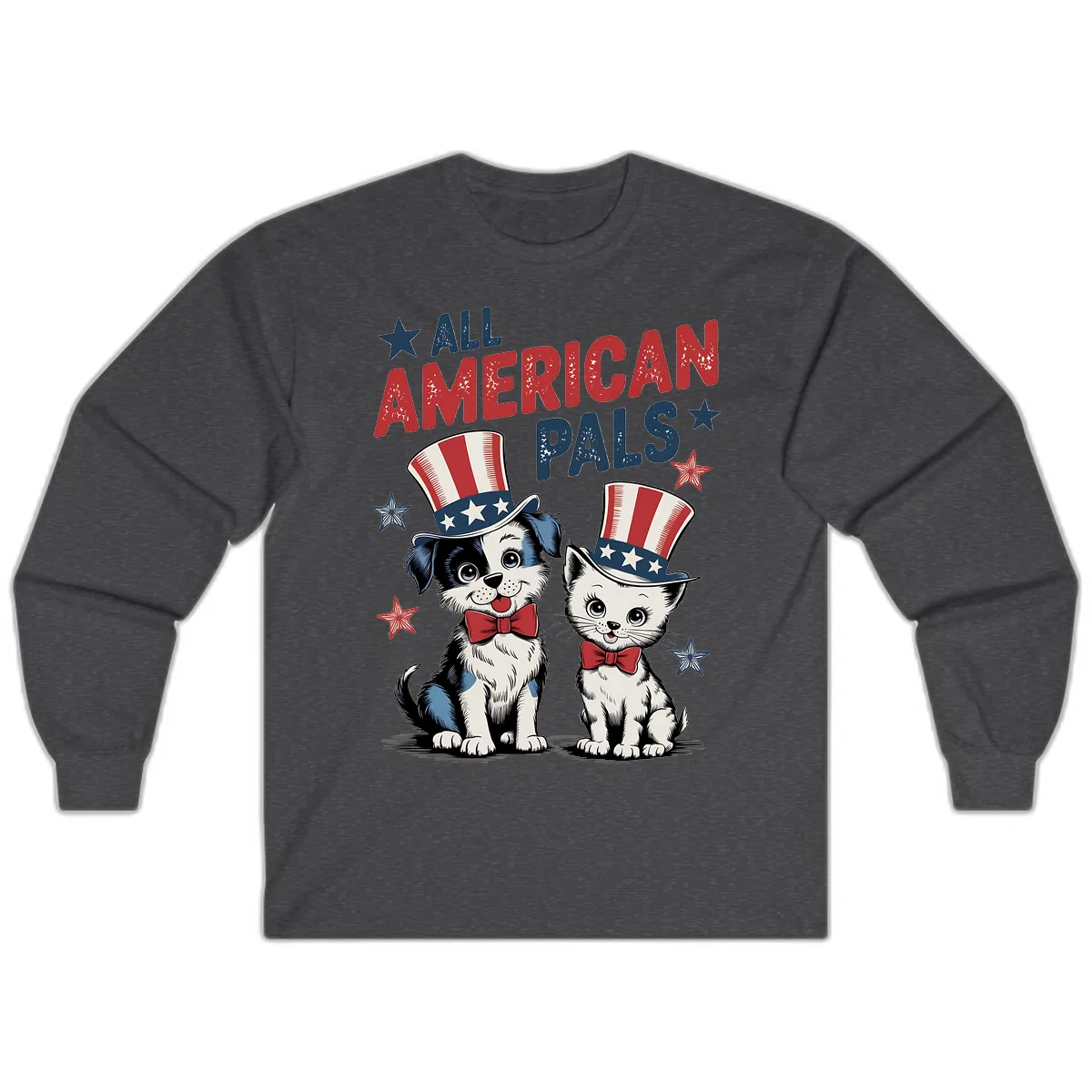 All American Pals Patriotic Puppy and Kitten Long Sleeve in Dark Heather