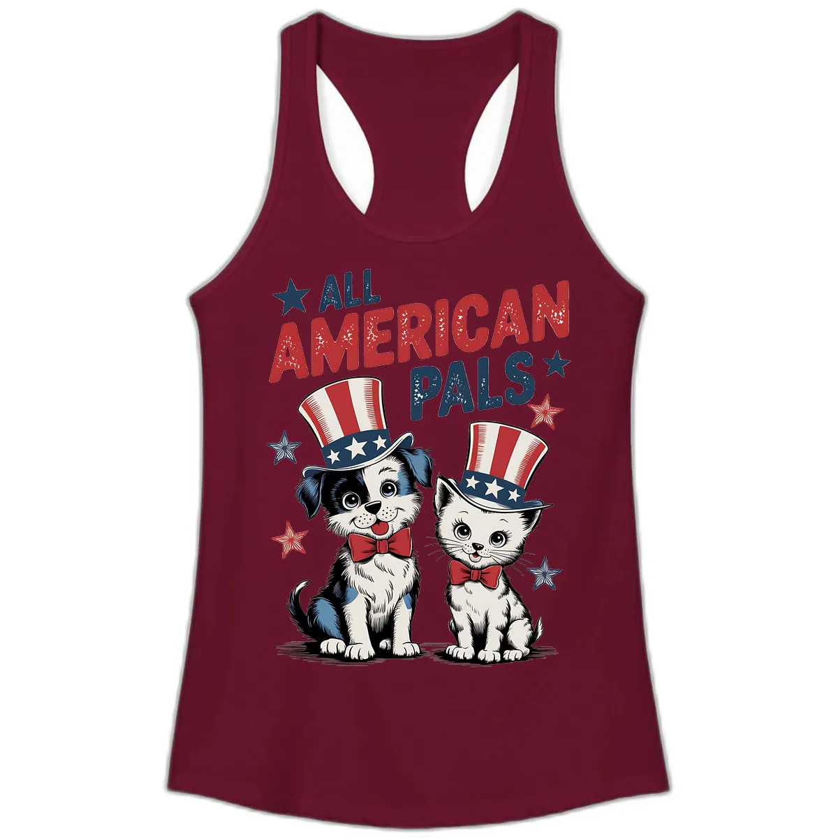 All American Pals Patriotic Puppy and Kitten Ladies Tank in Solid Cardinal Red