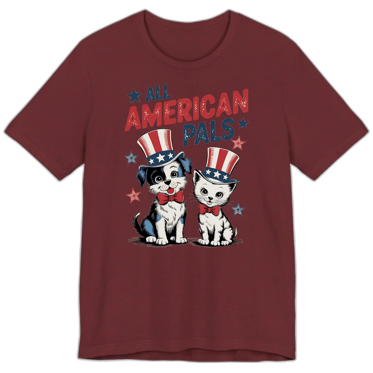 All American Pals Patriotic Puppy and Kitten Premium T-Shirt in Heather Cardinal