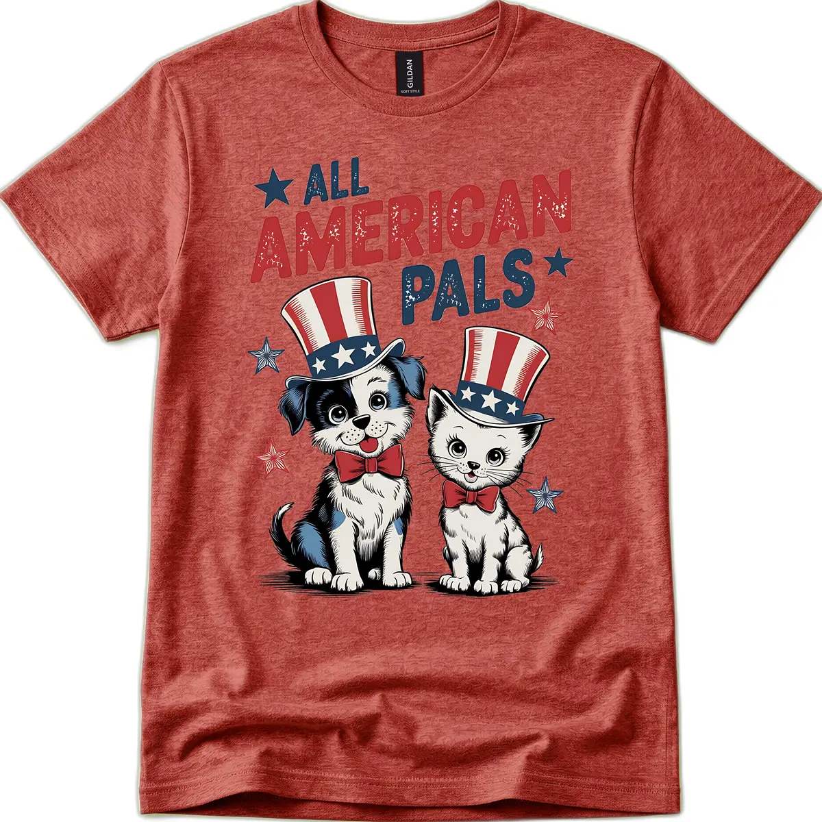 All American Pals Patriotic Puppy and Kitten T-Shirt in Heather Cardinal